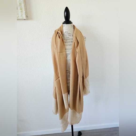Anne Klein Beige Tan Twill Houndstooth Striped Large Wide Wrap Wool Scarf - Picture 1 of 5